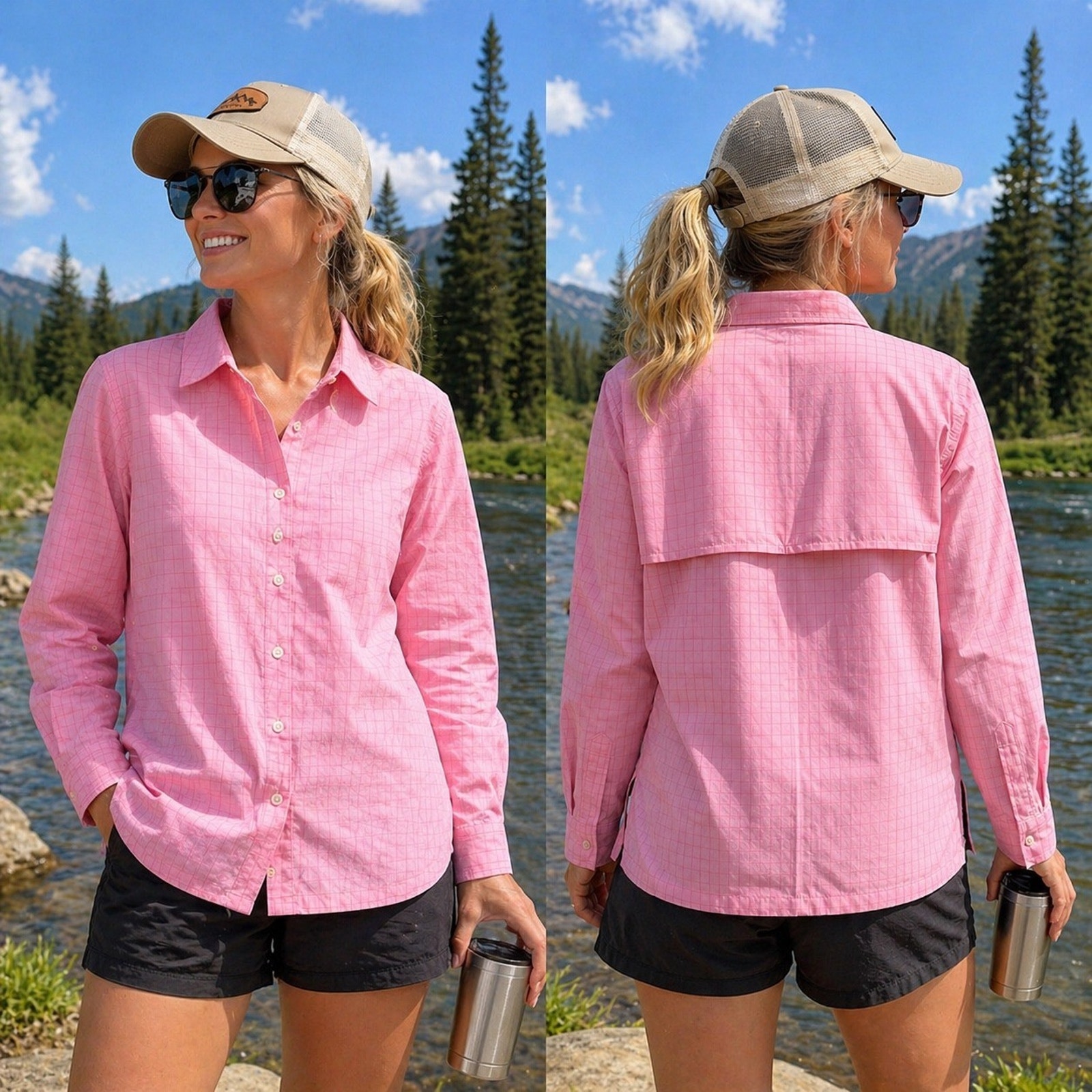 Coolibar Upf 50 Sun Shirt Womens Xlp Pink Check Vented Fishing Lightweight Shirt